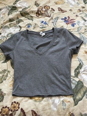 Tilly's Gray Ribbed V-Neck Cropped Tee